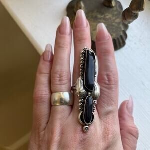 Vintage Native 925 Sterling Silver and Blue Sunstone HUGE Full Finger Ring